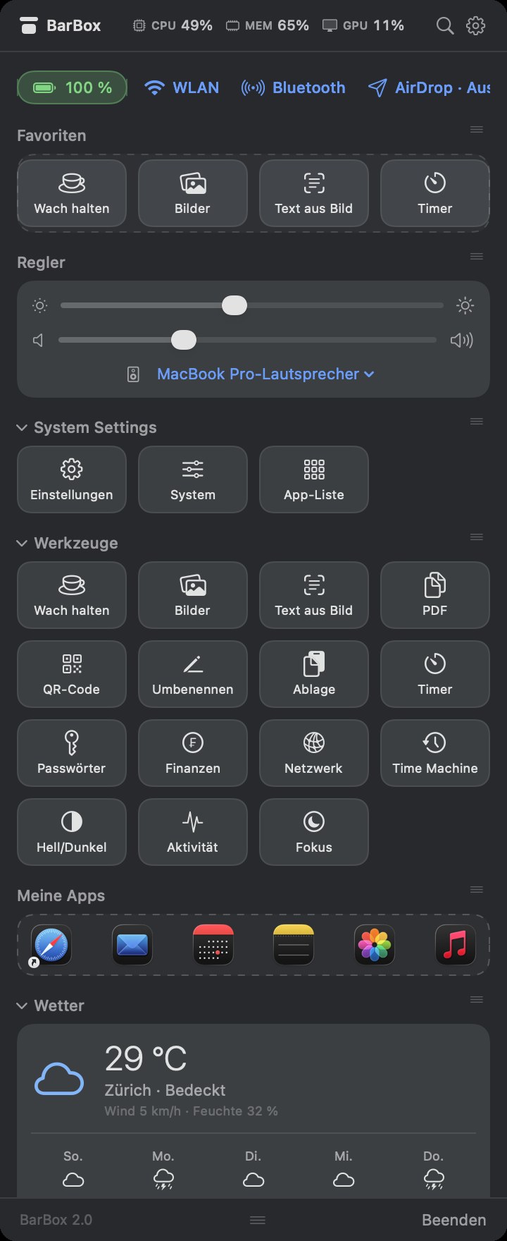 BarBox dashboard with the German interface