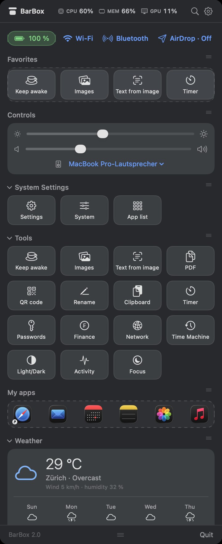 BarBox dashboard with stats, controls, favorites, tools and weather