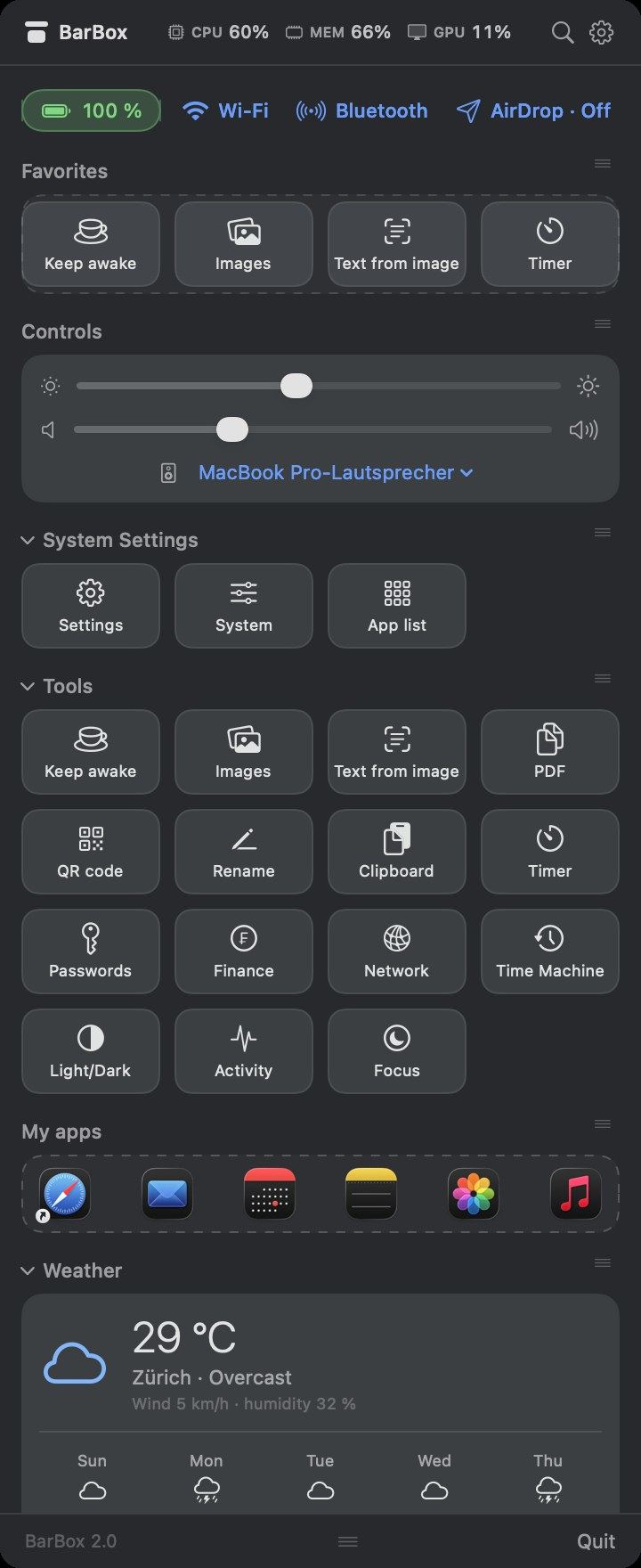 BarBox dashboard with stats, controls, tools and weather