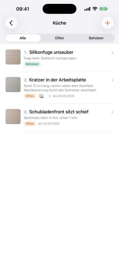 Baumängel Tracker defect list for one room